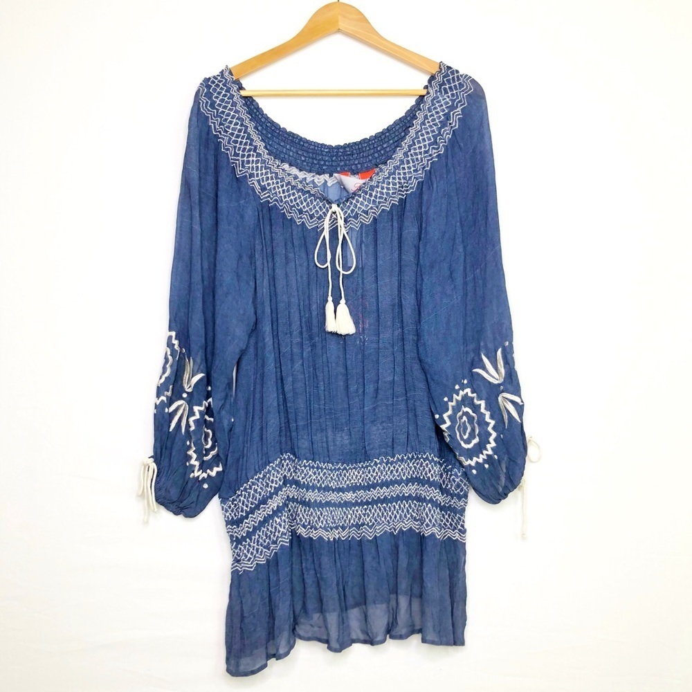 Roja Blue Embroidered Smocked Tunic